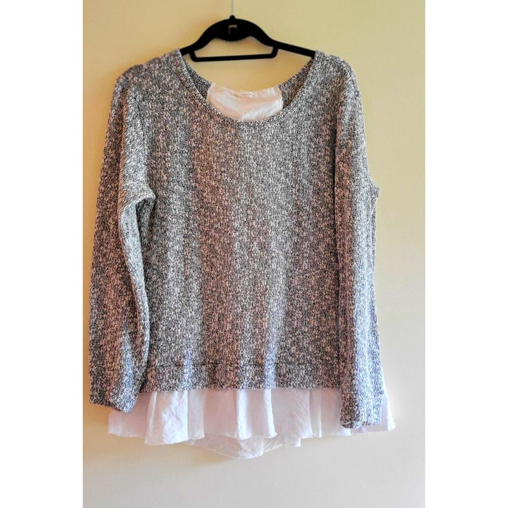 Clu + Willoughby Women's L Knit Pullover Sweater Metallic Bow Back Gray/White